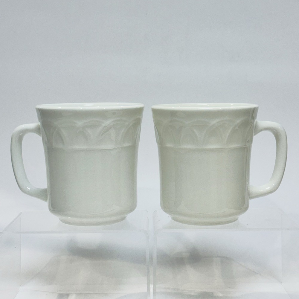(2) Pier 1 Coffee Cup Mug Set Made in Italy White w Raised Arches Relief